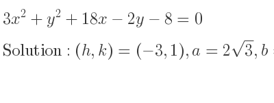 The solution to 3x^2+y^2+18x-2y-8=0 is Ellipse with (h,k)=(-3,1),a=2sqrt(3),b=6